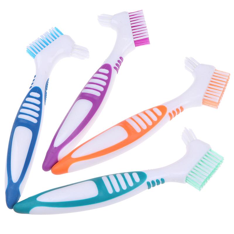1Pc Denture Teeth Brush Easy Grip Handle Double Sided Toothbrushes Colour Random