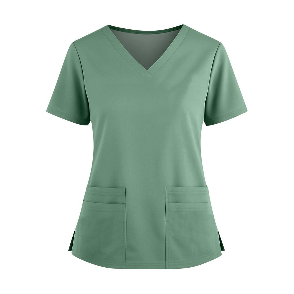 Women's Fashionable Solid Color V-neck Double Pocket Short Sleeved Shirt With Slit Hem Uniform And Worker Top