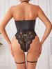 European & American Sexy Patent Leather Lace Halter Deep V Bodysuit Lingerie Set