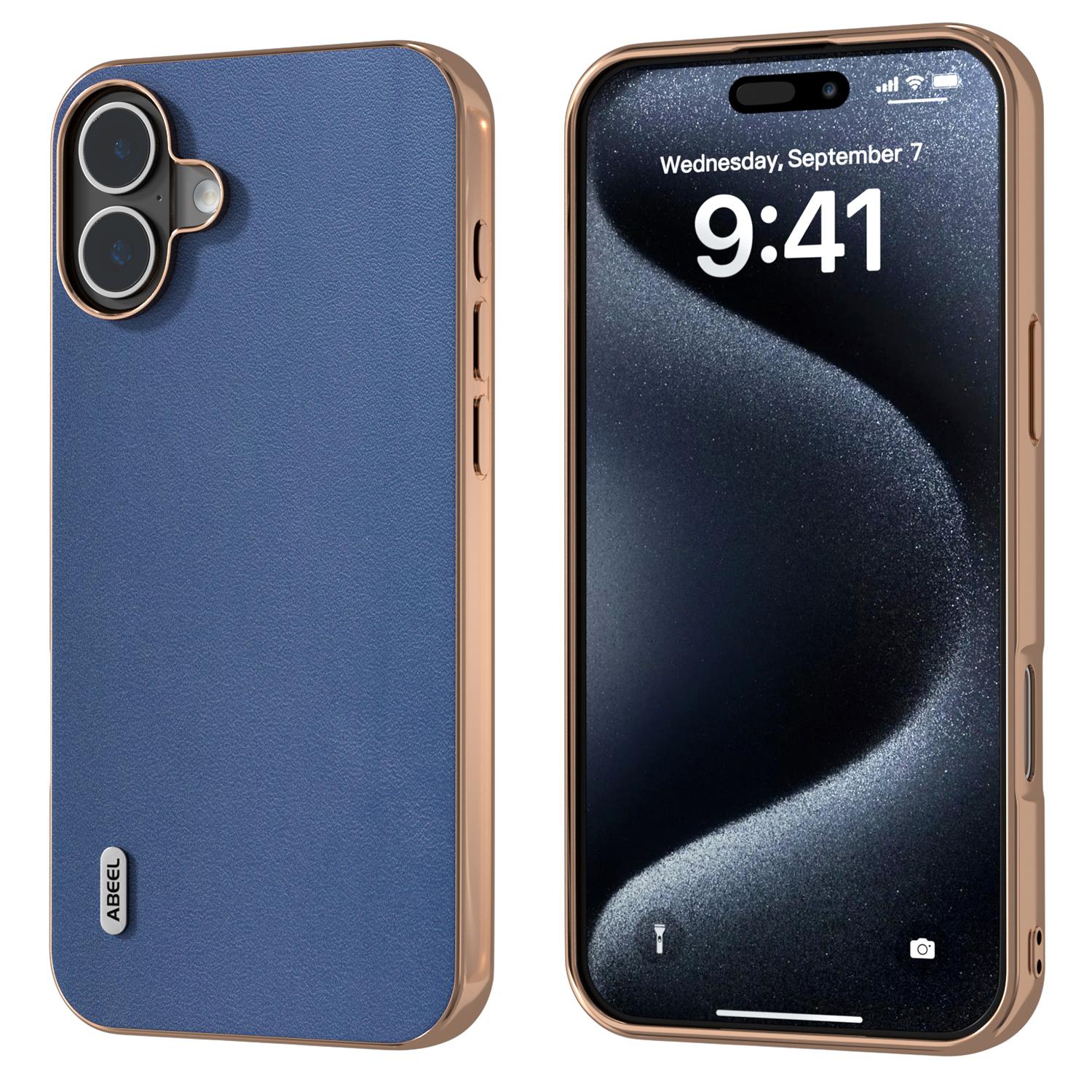 ABEEL For iPhone 16 Plus Case Electroplating Edge Genuine Cow Leather+PC+TPU Phone Cover A