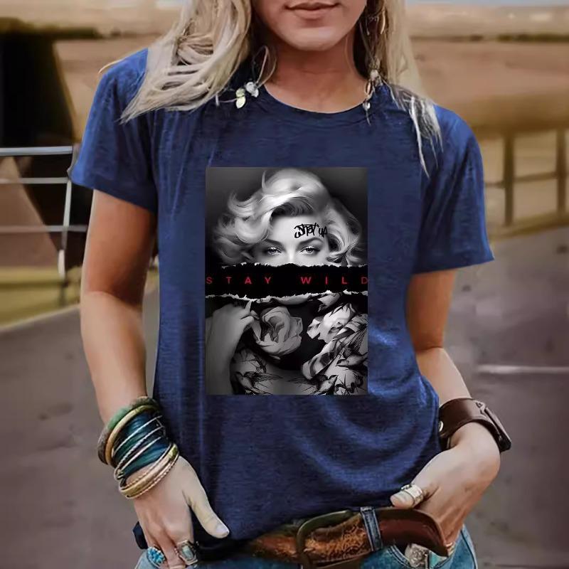 Letní dámské oblečení Vzor plakátu Čistá bavlna Kulatý výstřih Krátký rukáv Ležérní módní trička Dámská