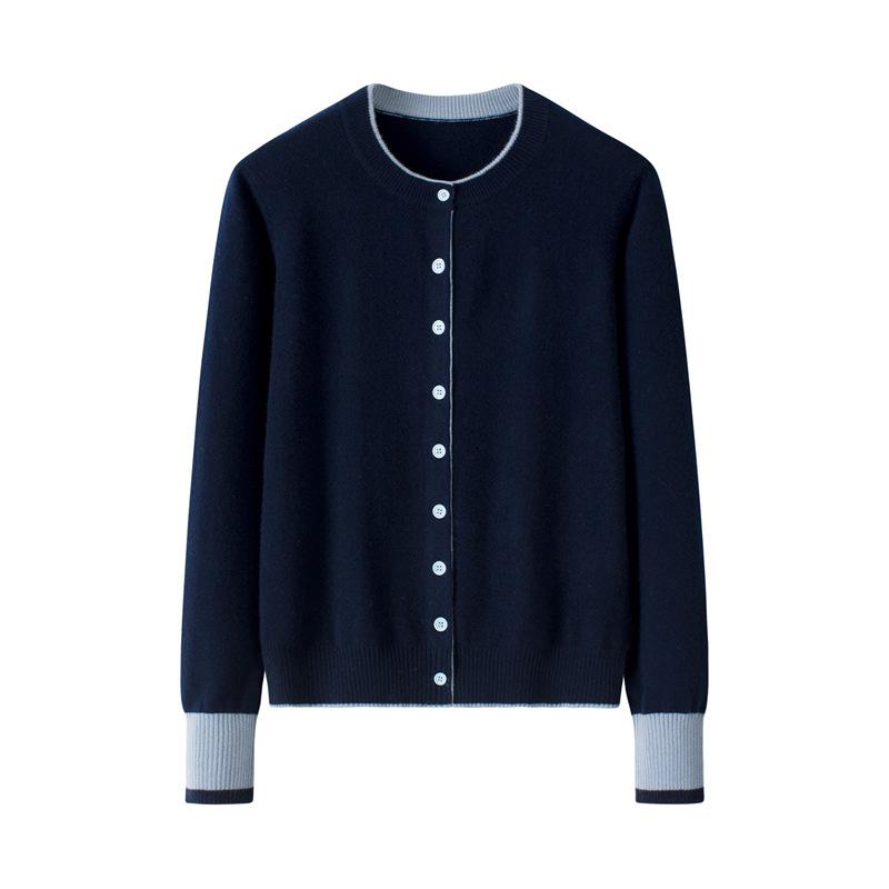 Women's Pure Cashmere Color Block Knit Cardigan - Button-Up, Round Neck, Versatile for Autumn and Winter.