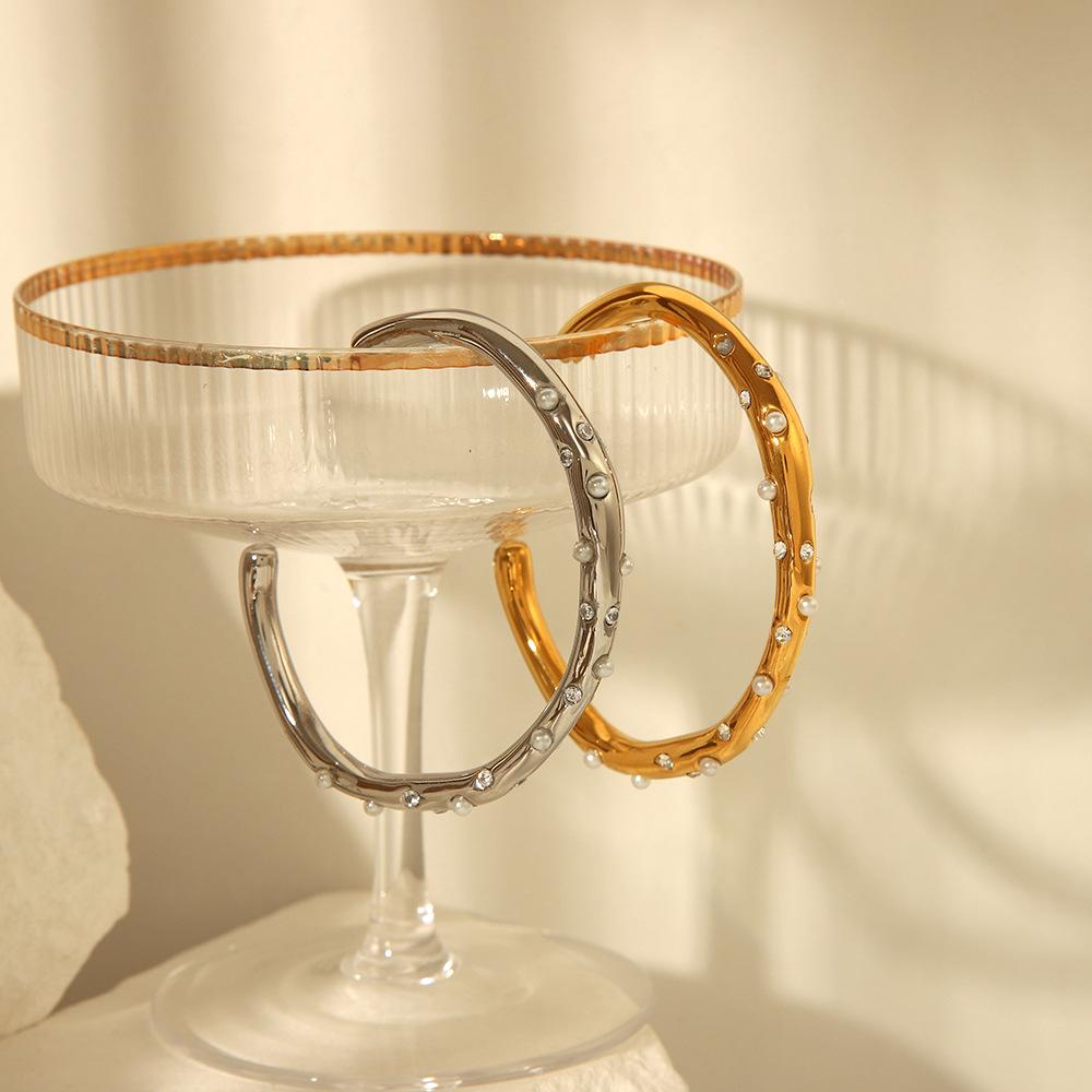 French Retro 18K Gold-Plated Zircon Pearl Stainless Steel Open Bangle Bracelet