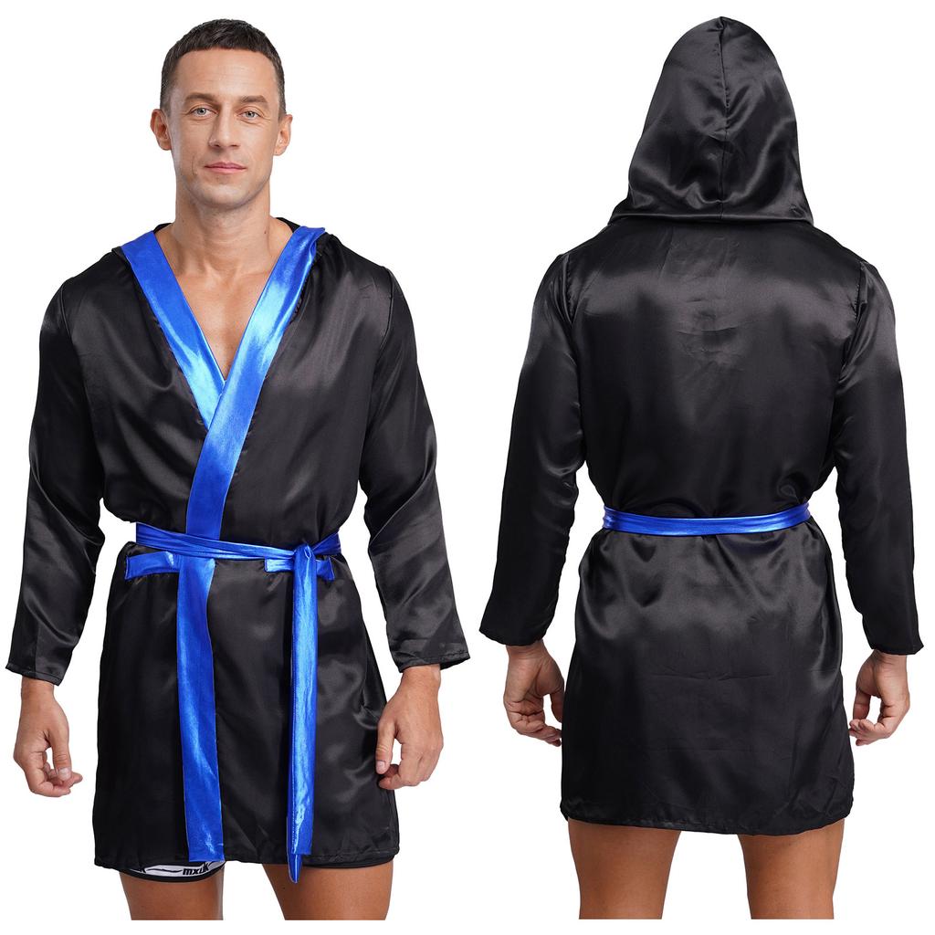 Mens Satin Hooded Cloak Shiny Trim Open Front Belt Boxing Robe