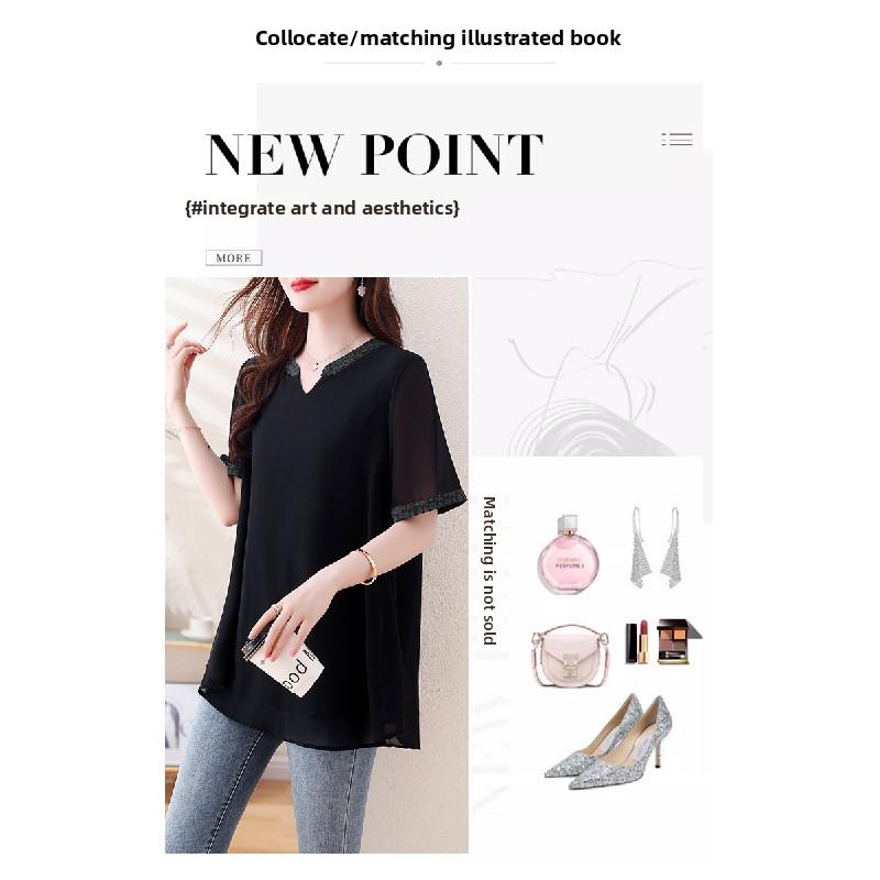 Plus-size black top, summer patchwork short-sleeve, loose and breathable casual women's t-shirt