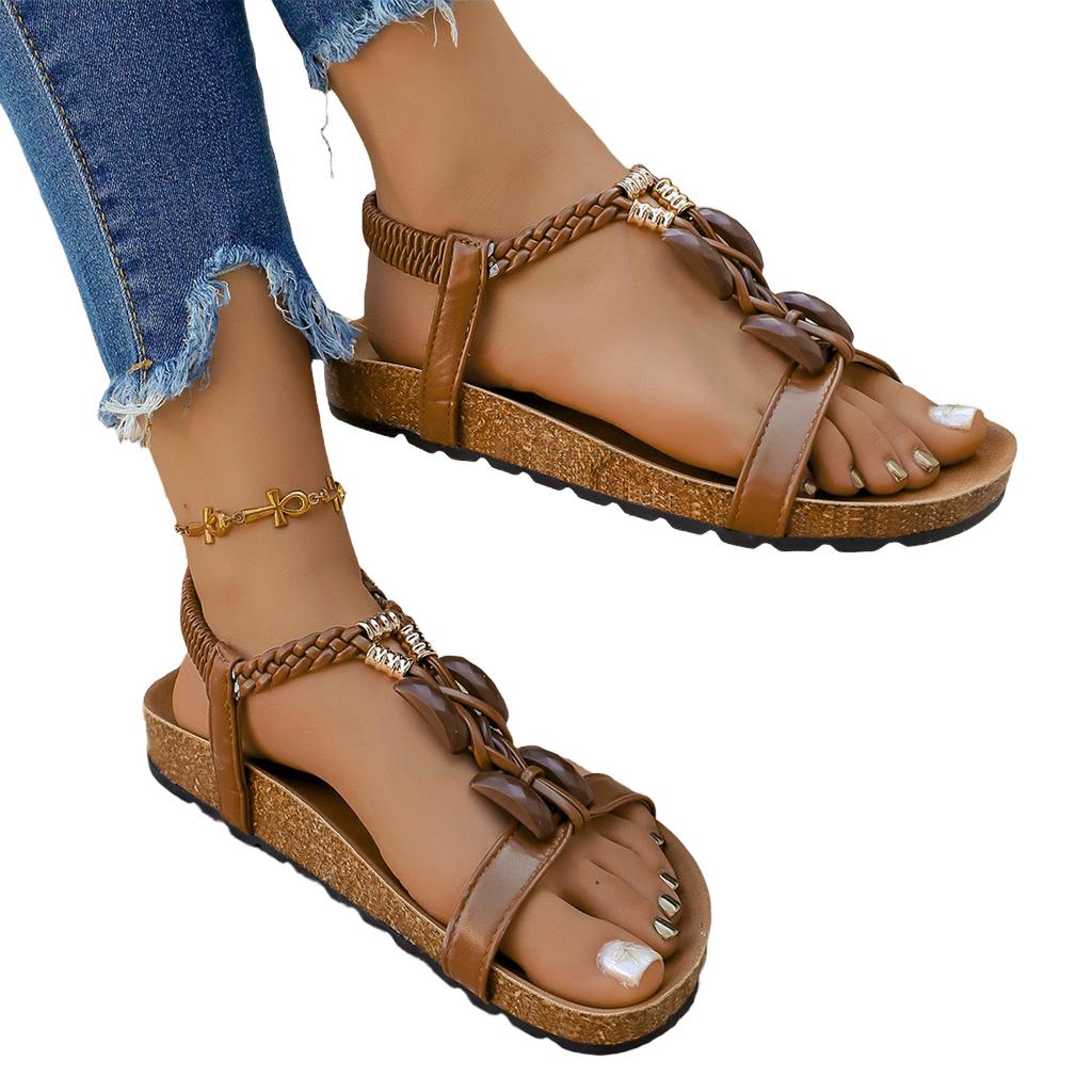 Women Flat Sandals Summer Casual Bohemian Style Elastic Backstrap Beach Shoes Lightweight Comfortable Walking Footwear