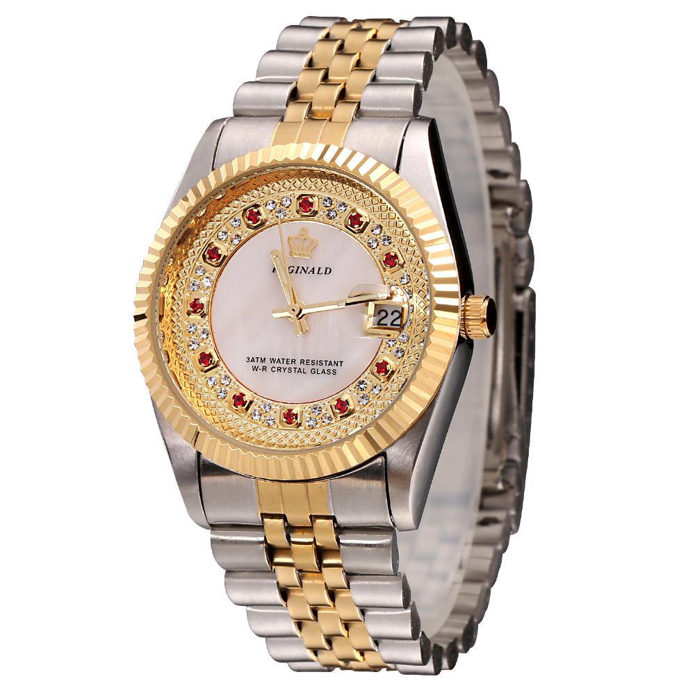 Original New REGINALD Quartz Watch Men 18k Yellow Gold Fluted Bezel Pearl Diamond Dial Full Stainless Steel Luminous Clock