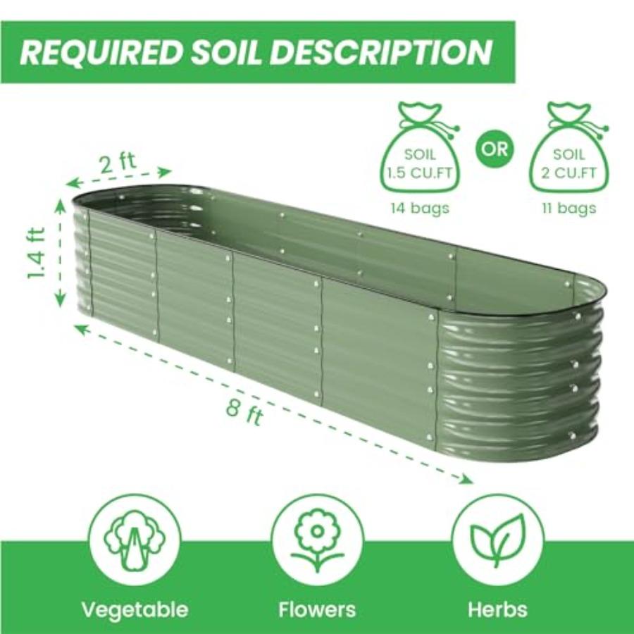 Raised Garden Bed Kit 8×2×1.4 FT Light Green Magnesium-Aluminum-Zinc Stainless Steel Metal Planter Box for Outdoor Plants Veget