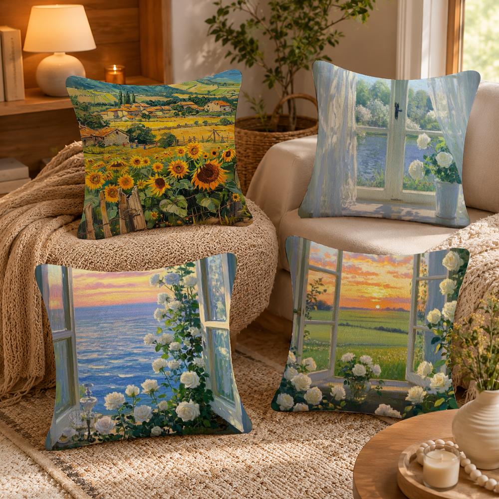 Landscape painting style Cushion Cover Anti-dustmite Pillowcase Invisible zipper silky short plush Sofa cushion cover