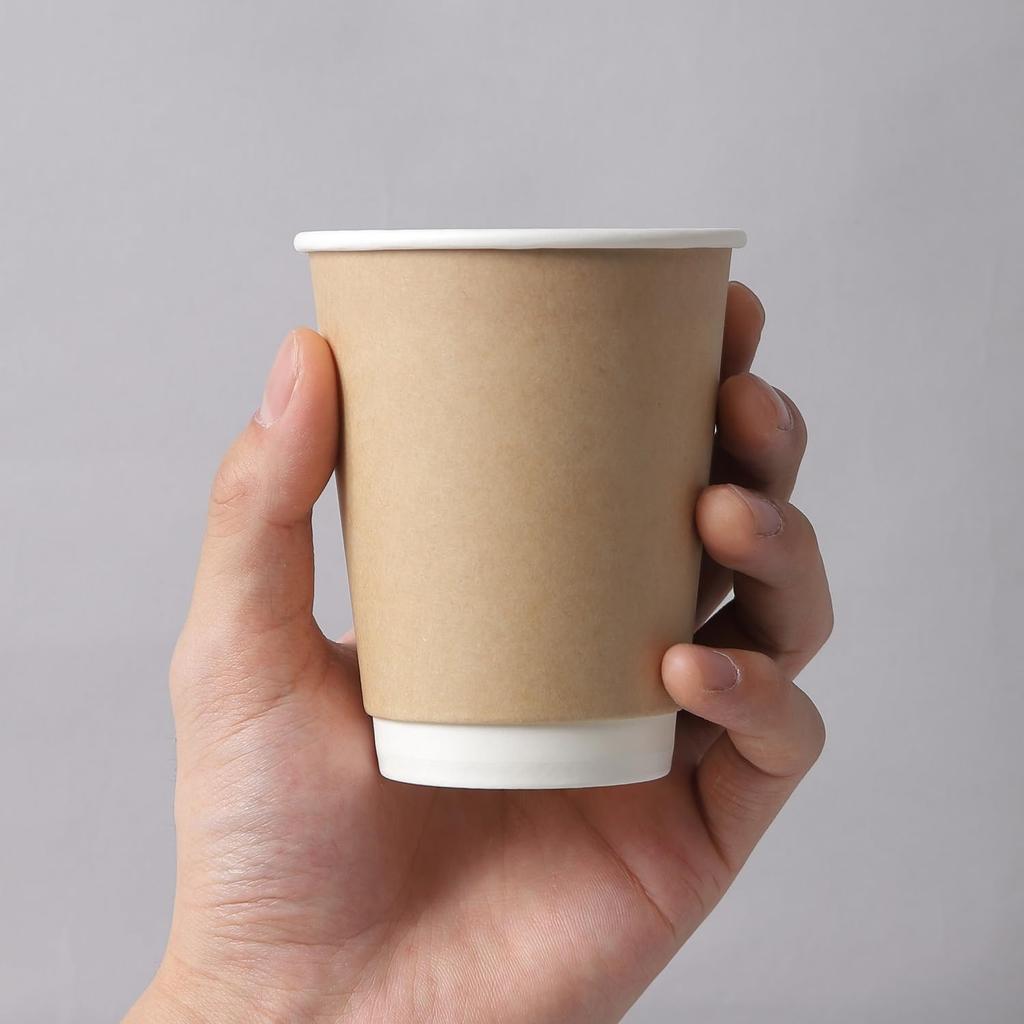 Set of 50 280ml 8oz Insulated Paper Cups, Heat-Resistant, Takeout, with Lids (Retractable), Unbleached Kraft Paper (White Lids)