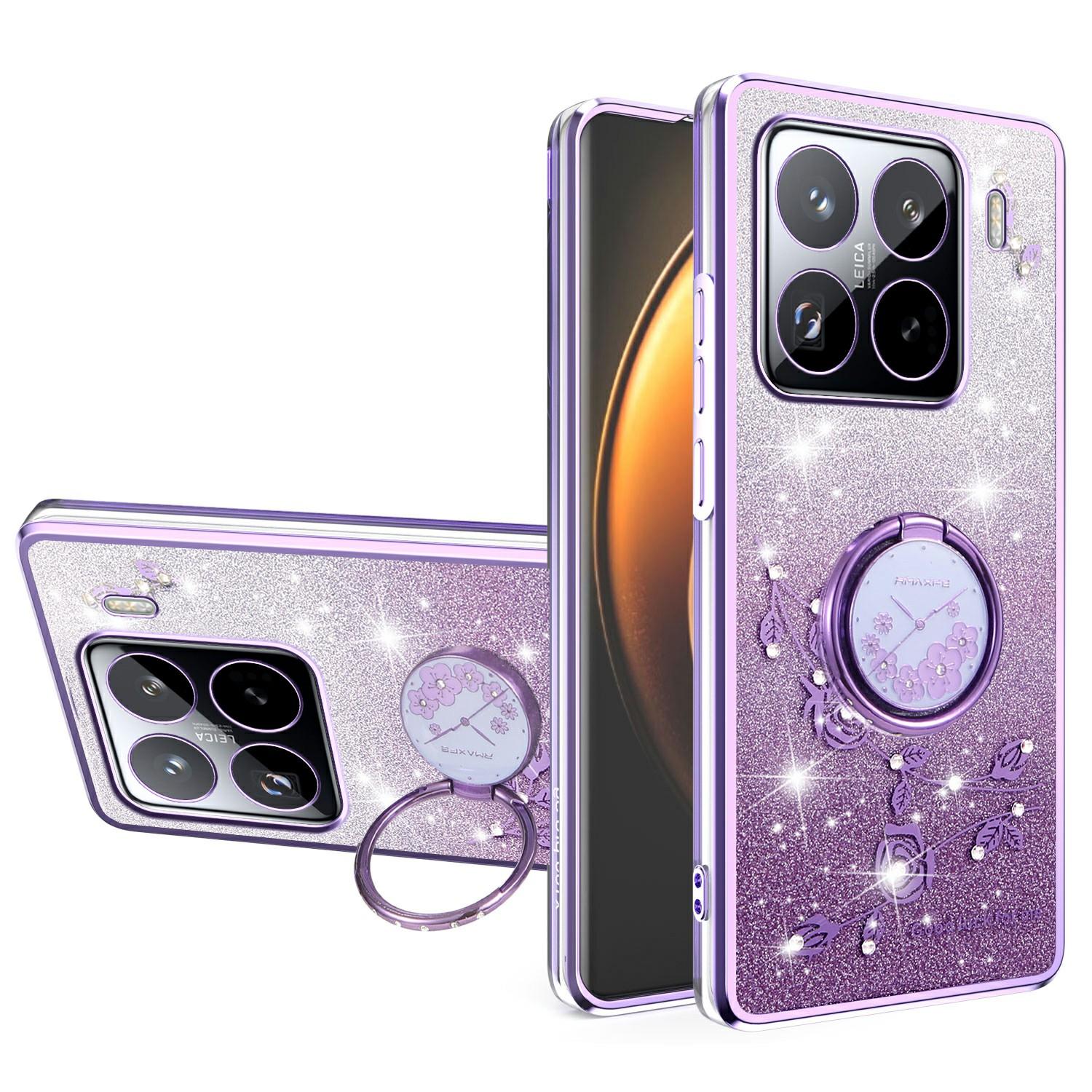 

KADEM For Xiaomi 15S Pro Case Ring Kickstand TPU Flowers Phone Cover Gradient Glitter Purple