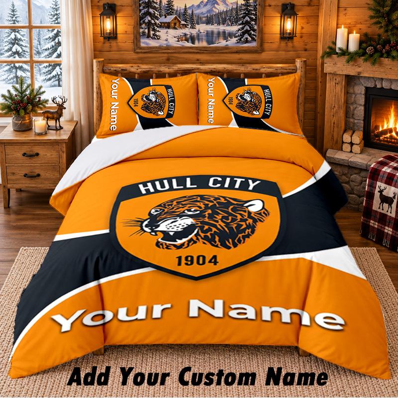Hull City Muster Bettwäsche 3-teiliges Set Benutzerdefinierter Name, Bettlaken und Kissenbezüge für Zuhause Schlafzimmer