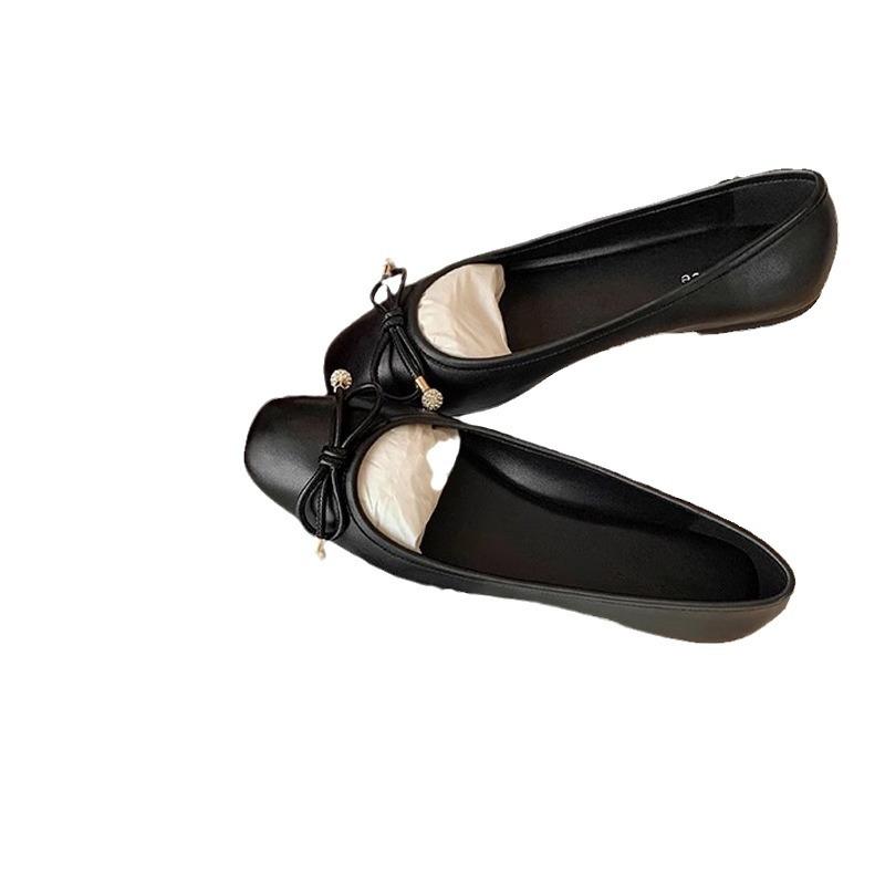 Grape Mom Frida Girl~ Square Head Bow Light Mouth Delicate Pearl Ballet Flat Shoes Lambskin Single Shoes