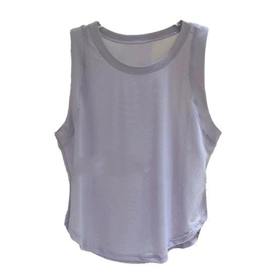 

Women Vest Solid Color Loose Fit Sleeveless Tops Round Neck Mesh Yarn Splicing Thin Yoga Sport Tops Daily Wear S фиолетовый