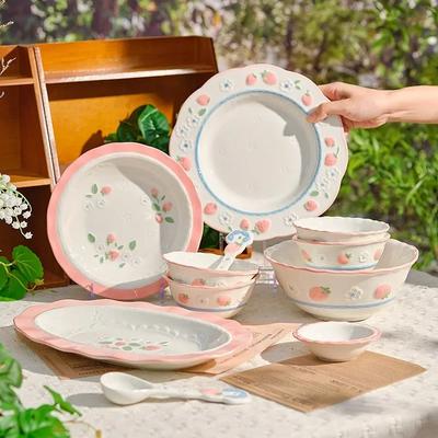 Cute Pink Strawberry Hand-painted Underglaze Ceramic Tableware Household Soup Bowl and Dish Set Dinner Plates