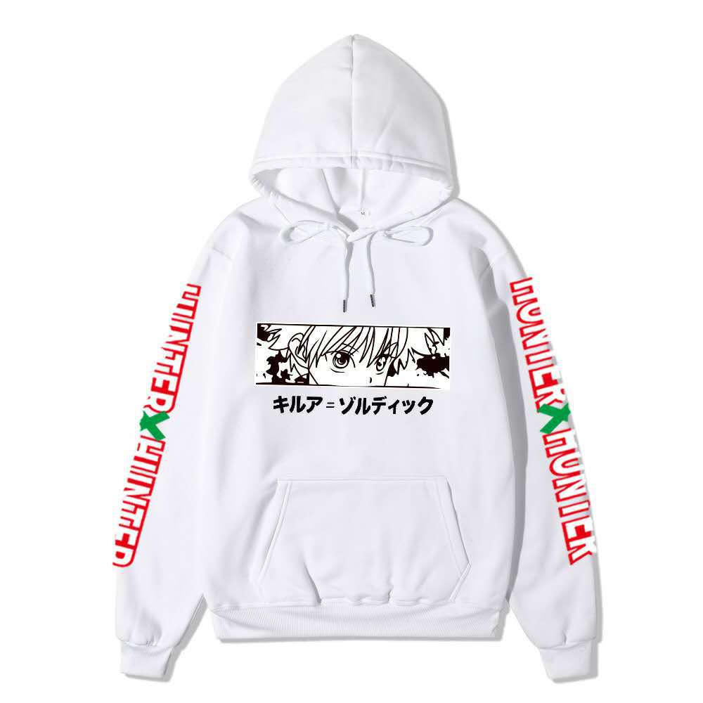 Hunter X Hunter Killua Anime Hoodie Sleeve Letter Print Black Manga Long Sleeve Casual Hooded Pullover Sweatshirt