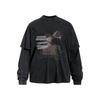 Mens Loose Fit Long Sleeve T-Shirt Dark Print Wash Look Fake Two Piece Cotton Tee Fall Streetwear