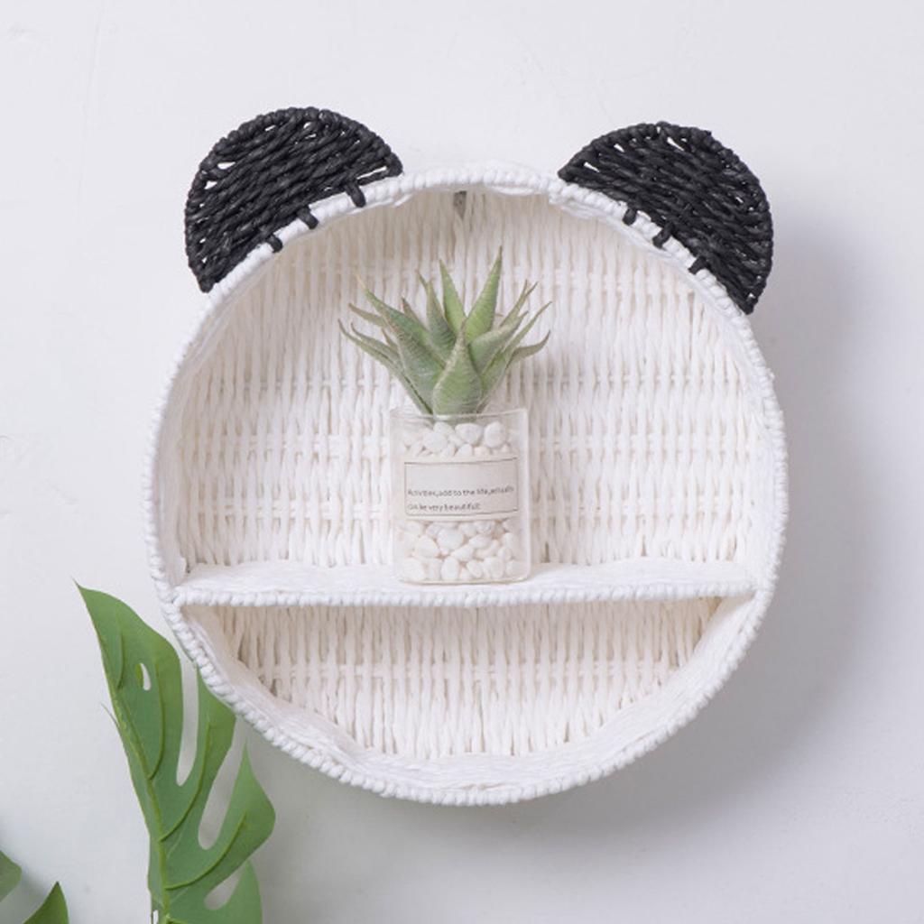 Cute Panda Ears Woven Hanging Basket Wall Shelf Imitation Rattan Storage Organizer Rack Small Plants Floating Shelf