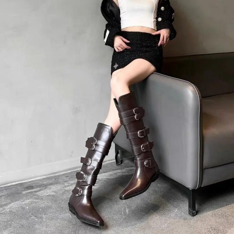 Fashion Shoes for Women 2024 High Quality Slip-on Women's Boots Fashion Belt Buckle Knight Boots Sexy Pointed Toe Solid Knee-High Boots