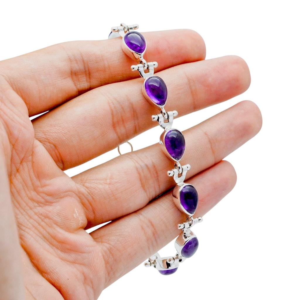 Rare Cabochon Amethyst Tennis Bracelet: 925 Sterling Silver
