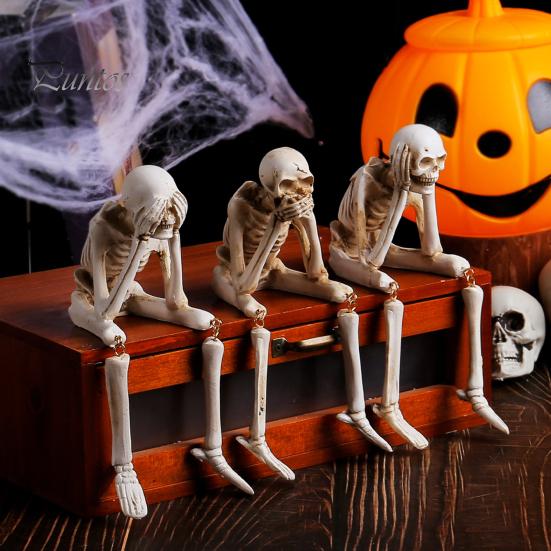 Scary Halloween Atmosphere Props Skeleton Statue, See Speak Hear No Evil Figurines, Unique Statue Collectible Skull Decoration for Indoor Mantel Table