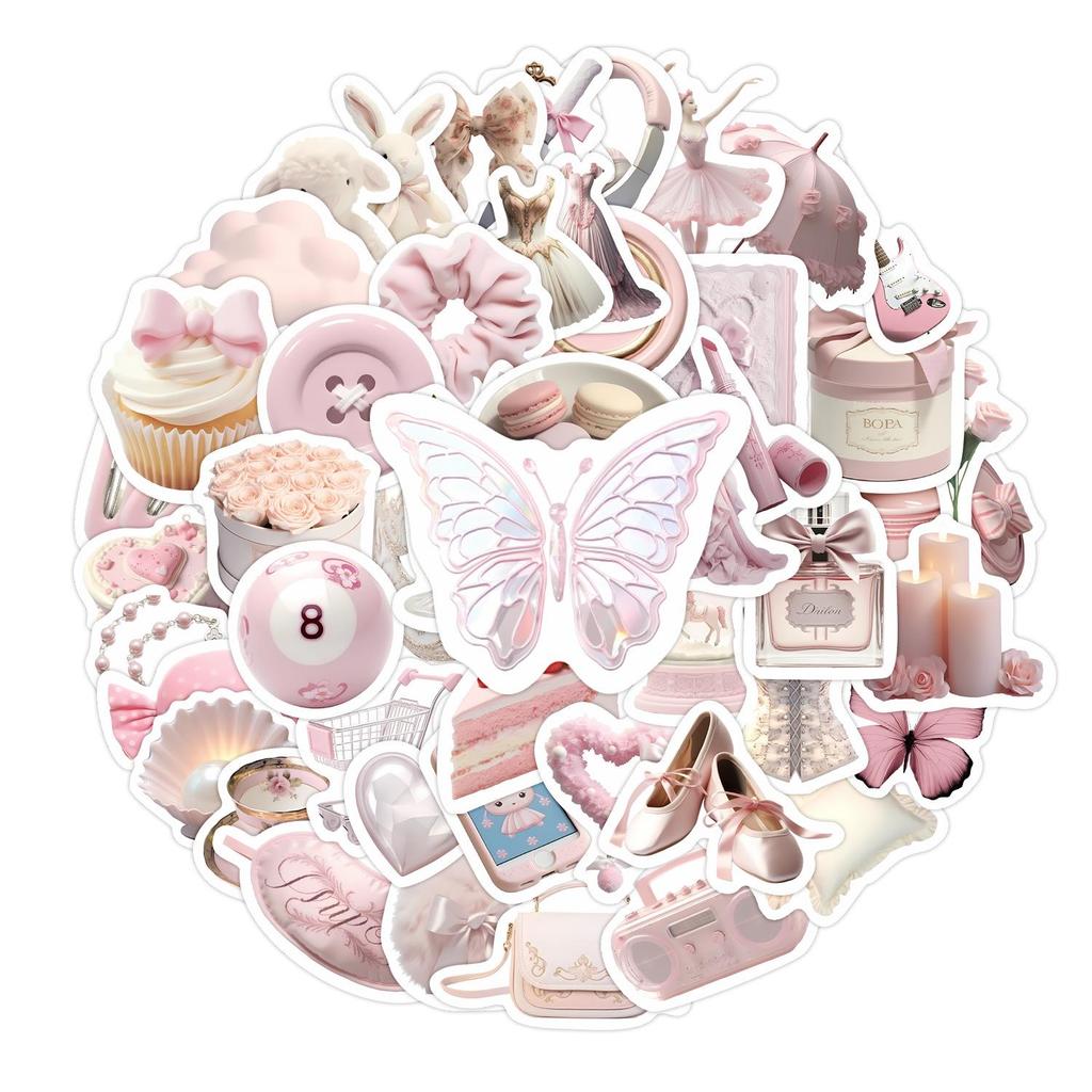 50 Sheets Ballet Style Pink Heart Stickers with Bow Knot for Journaling and DIY Decoration