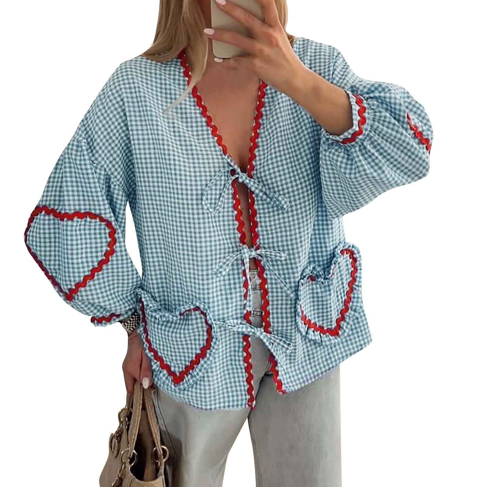 

Женская повседневная клетчатая рубашка с длинным рукавом, свободные топы с ремешком и карманом в форме сердца M синий