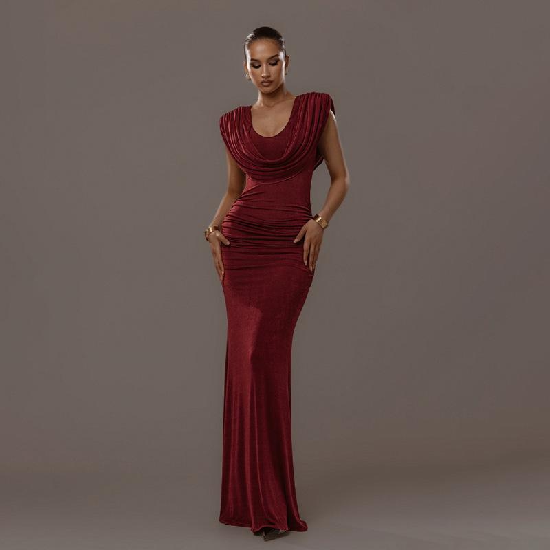Women's Autumn Solid Color Cowl Neck Ruched Bodycon Dress