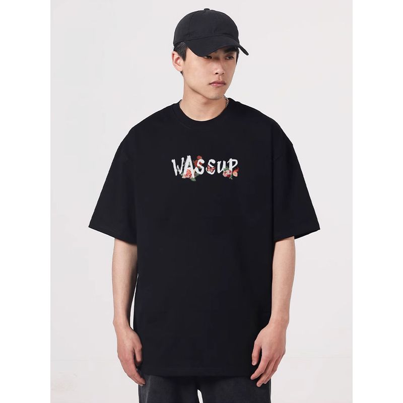 Wassup Heods Rose Letter Short-Sleeved Men's Summer 2024 New National Fashion Brand Casual Couple Half-Sleeved Top