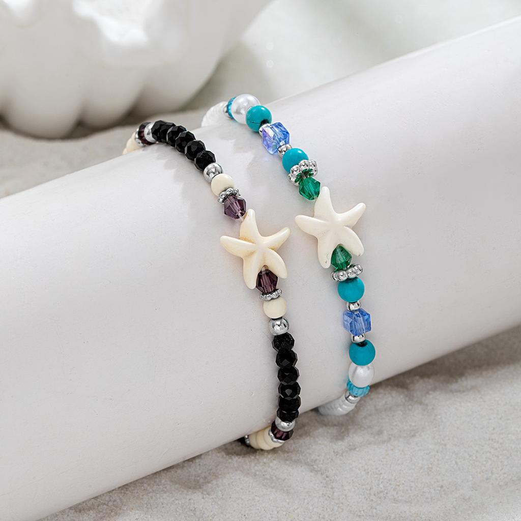 2 Pieces of Ocean Style Black and White Bead Mixed with Turquoise Starfish Double-layer Layered Women's Ankle Chains