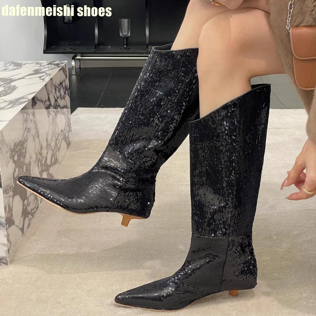 Fashion Pointed Toe Long Boots for Women Autumn Winter 2025 New Sequined Shiny Sexy Mid Calf Boots Kitten Heel Boots Bling Knight Boots