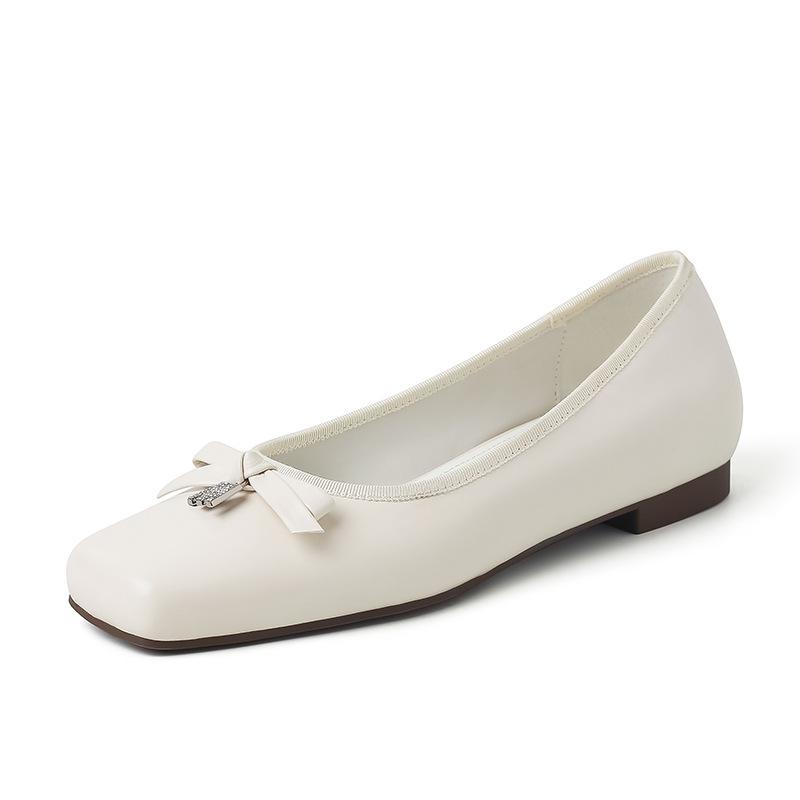 Low-heeled 1.5CM French Bow Shallow Mouth Single Shoe New Genuine Leather Loafers Casual Scoop Shoes With Bow Girl's Shoes 34-39