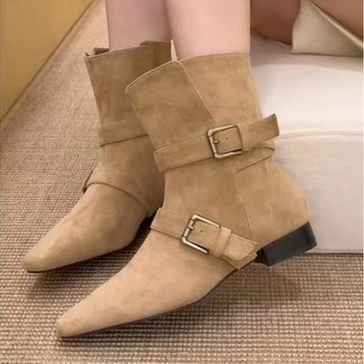 Novo design de moda cáqui camurça couro fivela tira bico fino botas chefe estilo punk gótico salto quadrado sapatos femininos