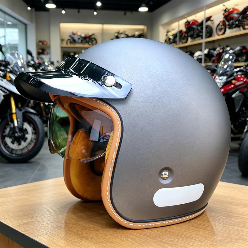 High-Quality Retro Motorcycle Half Helmet with Built-In Goggles for Men and Women