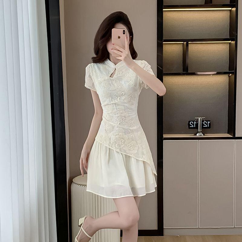 Zen-Style Jacquard Stand Collar Short Sleeve Irregular Chiffon Tea Dress M