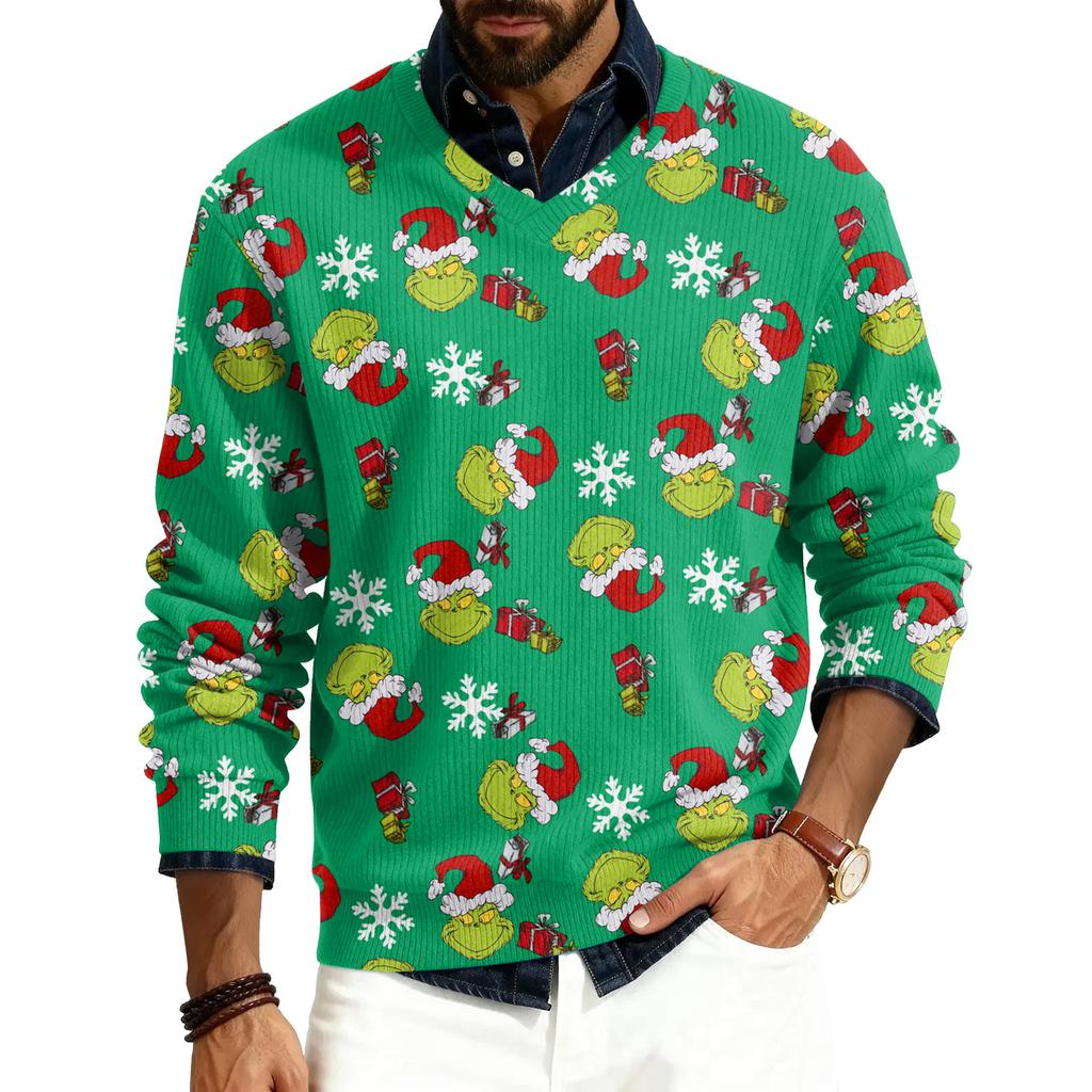 Men's V-neck Long Sleeve Ribbed Knit Pullover