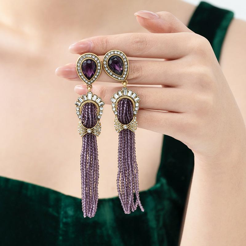 

Vintage-Style Purple Crystal Gemstone Tassel Earrings with 925 Silver Studs