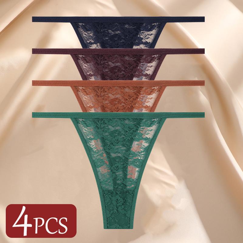 4Pcs/Set Sexy Lace Panties Women Elastic Hollow Out Transparent G-string Thong Female Lace Underpants Perspective Sexy Intimates
