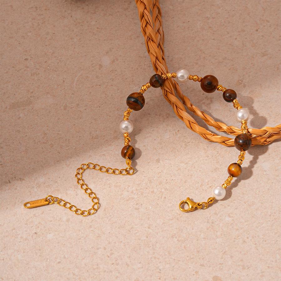 

Retro Faux Tiger Eye & Imitation Pearl Bracelet, Gold-Plated High-End Fashion Jewelry for Women.