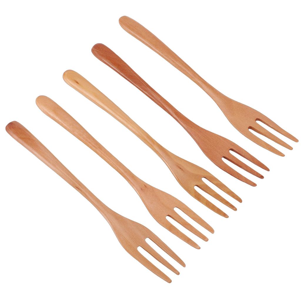 5PCS Wooden Forks Set 7.5 Inch 3 Prong Reusable Japanese Salad Dinner Forks Wood Flatware for Eating Stirring