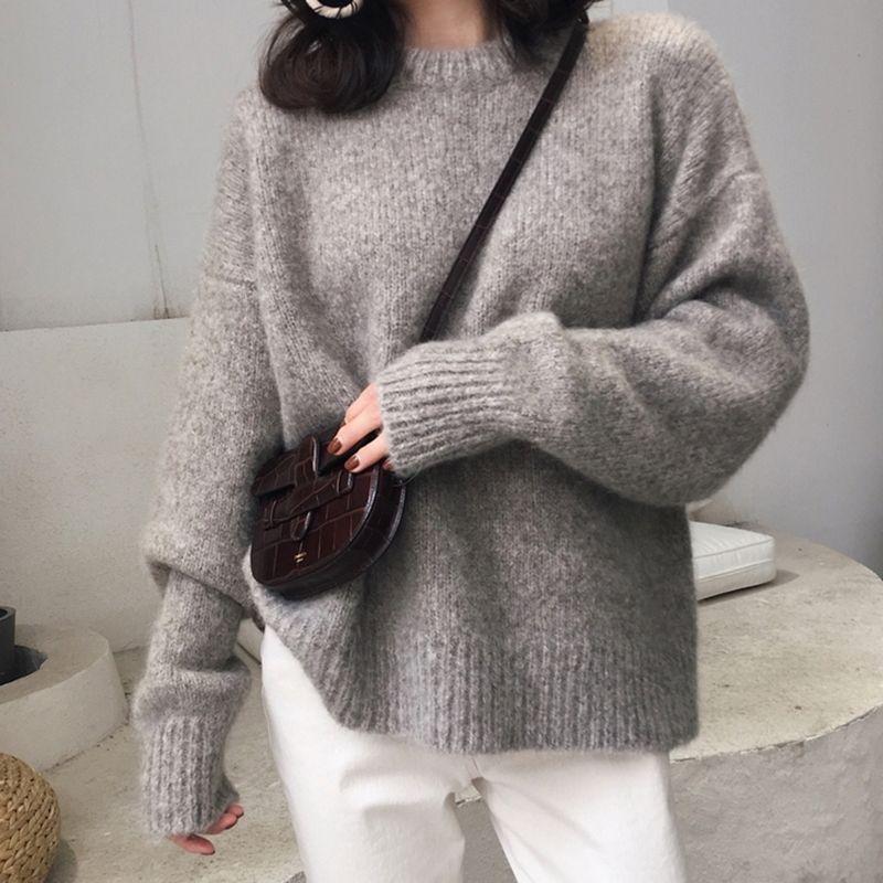 Lat Stil Løs Damegenser Høst Vinter Yttertøy Allsidig Pullover Rund Hals Base Lag Fortykket Strikk