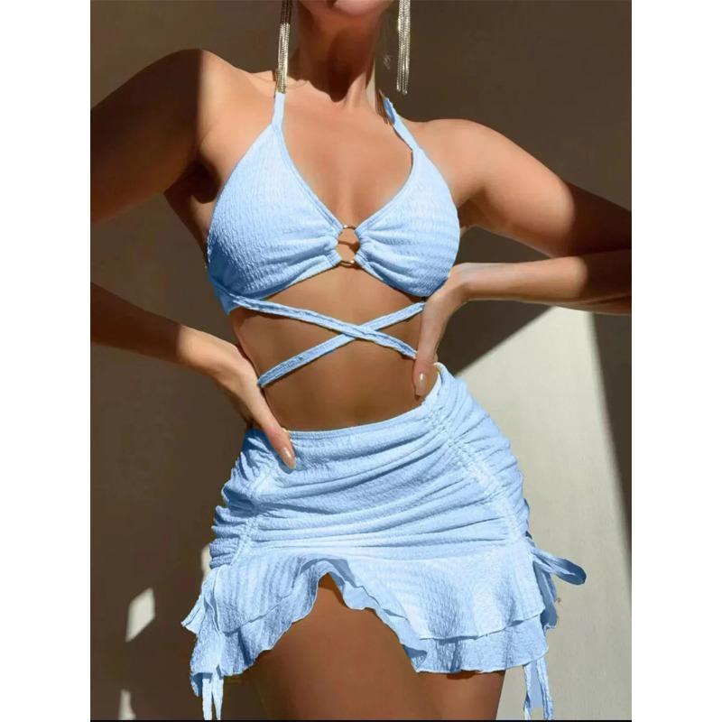 Bikini Sexy Galben Femei Solid Halter Inel Legat Criss Cross Acoperire Costum de Baie 3 Piese 2025 Costum de Baie Volane Fustă Costum de Baie