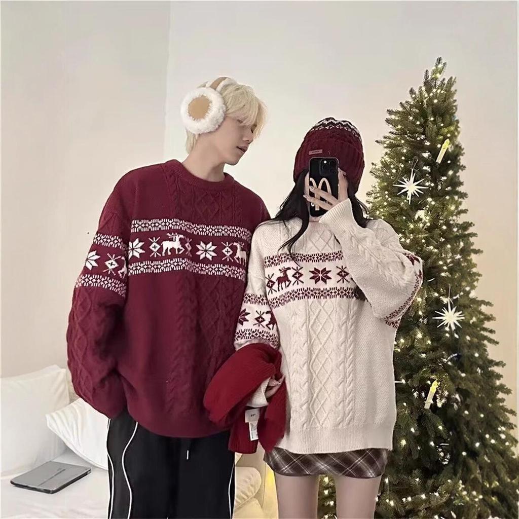 Fair Isle Retro Knit Crew Neck Pullover for Men & Women - Thick, Cozy Autumn/Winter Sweater for Couples