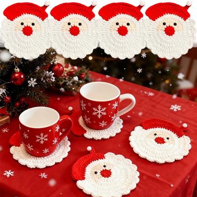 4/1PCS Crochet Santa Claus Coasters Cute Cat Snowflake Christmas Hat Shape Drink Trays Festive Party Table Decoration Xmas Gifts