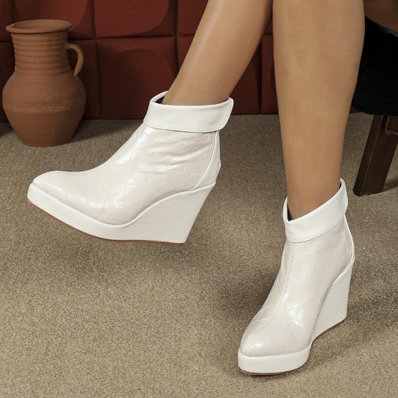 2025 Autumn Early Winter Shoes Women High Heels Boots Pointed toe Fashion Ladies Wedges Shoes 10cm Black White Plus Size 42