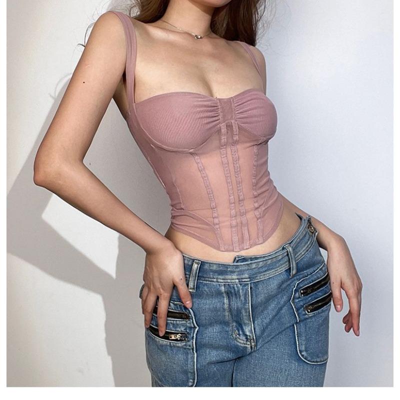Women Summer Mesh Corset Top Dusty Pink Boned Bustier Crop Top