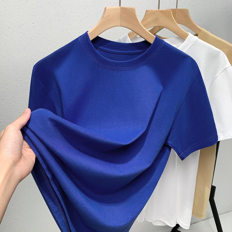 

Свободная футболка из чистого хлопка, женская, с короткими рукавами, новая летняя одежда этого года, популярная корейская версия однотонного топа в стиле ленивой моды 3XL синий
