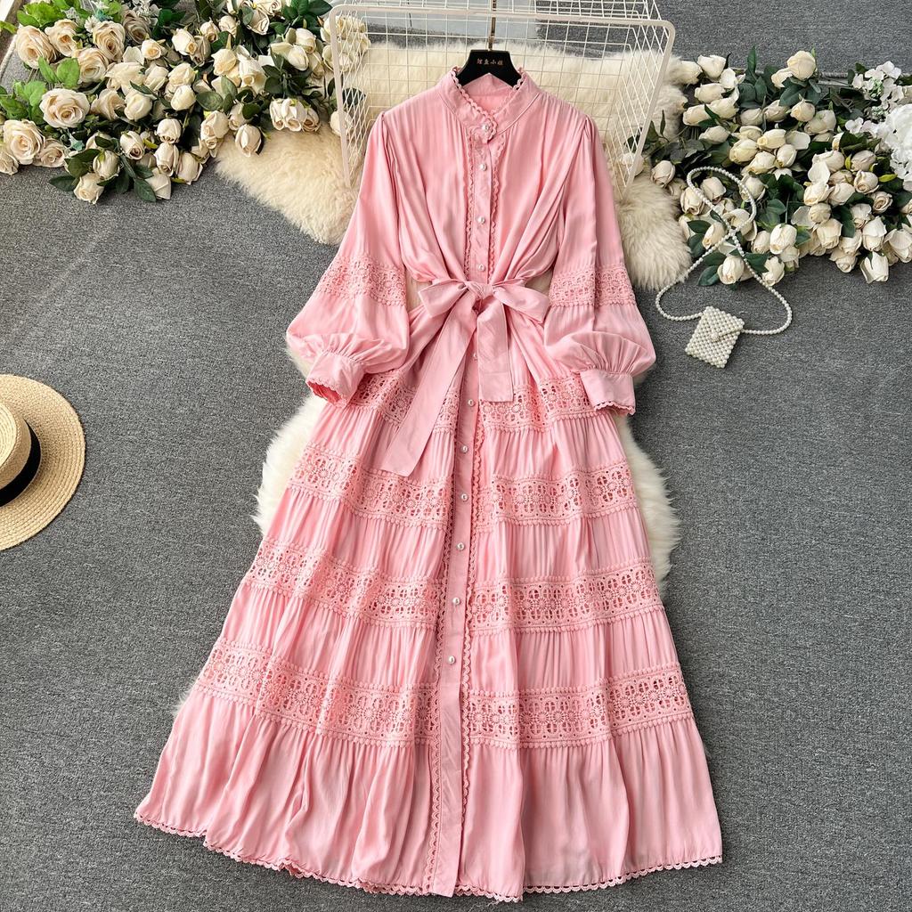 Luxury Party Dress for Women Long Lace Hollow Out Bandage Runway Patchwork Solid Lantern Sleeve Single Breasted Stand Dress