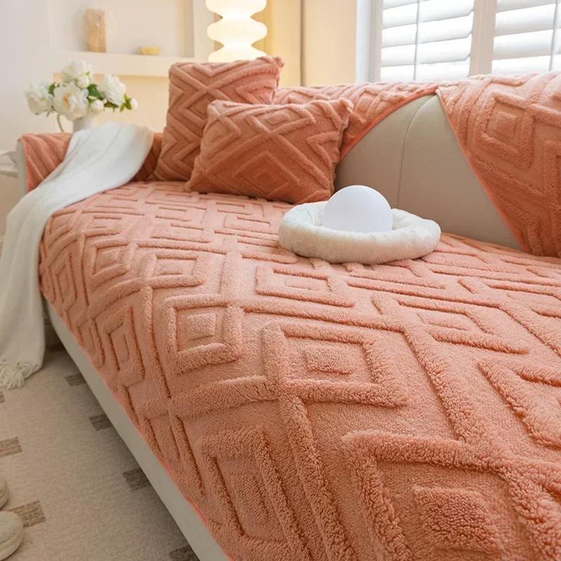 Jacquard Plüsch Sofabezug Einfarbig Rutschfest Couchkissen Handtuch Warm Winter Verdicken Sofabezüge für Wohnzimmer L-förmig