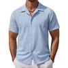 Men Hollow Out Floral Textured Cuban Collar Short Sleeve Casual Button Up Shirt